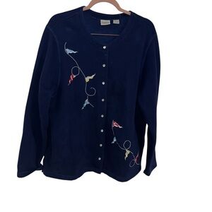 Vintage grandma sweatshirt jacket oversized pearl buttons embroidered flags XL